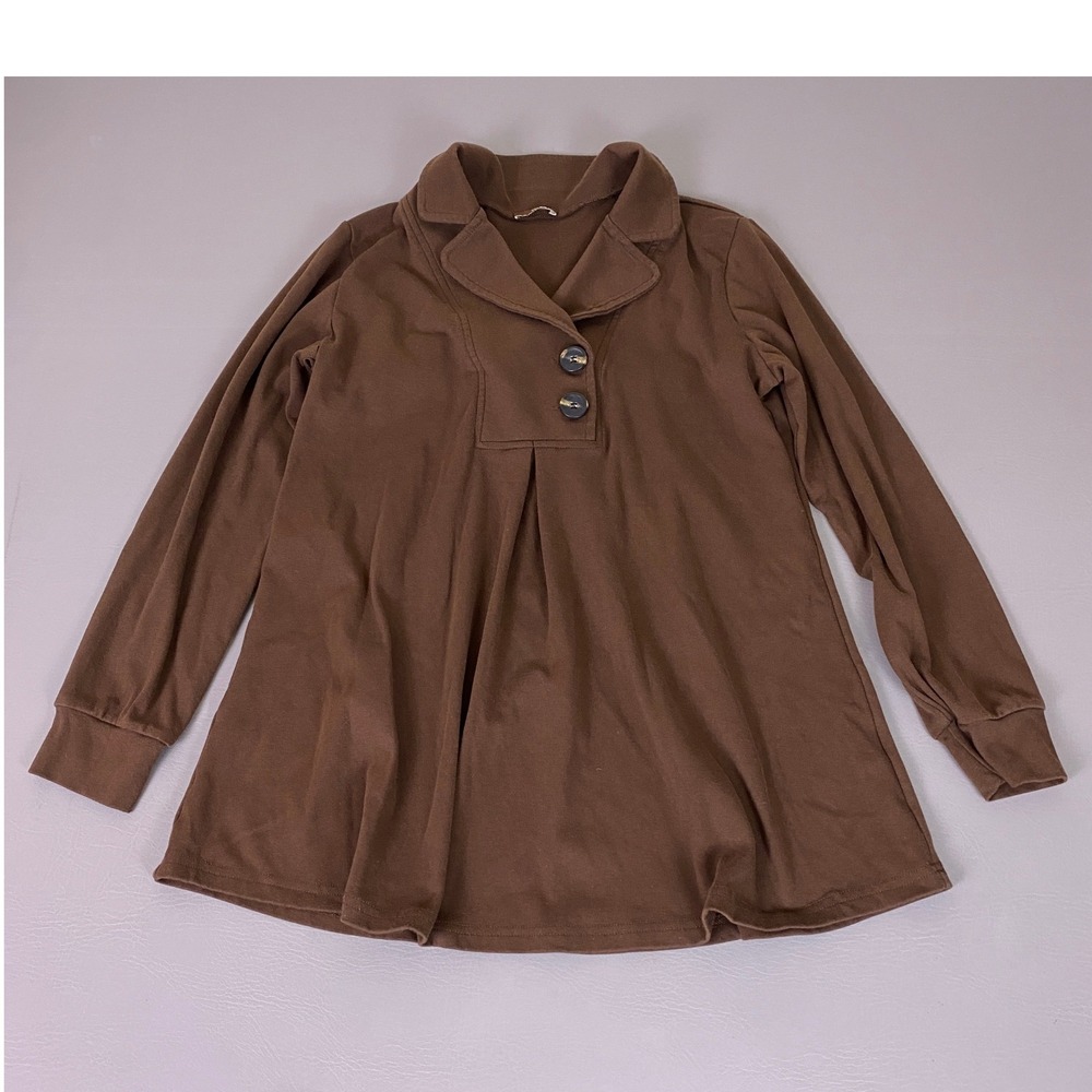 Gaharu Tunic Top Large Brown Long Sleeve‎ Notch Collar Button Front A-Line
